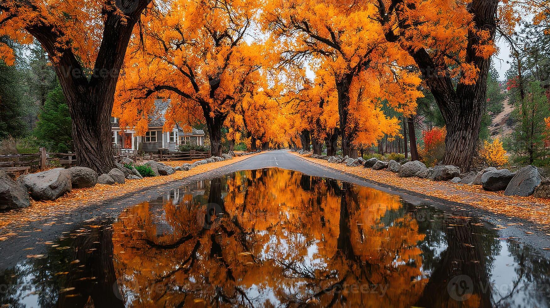 Colorful autumn trees line a tranquil road with reflections in puddles beneath a vibrant canopy photo