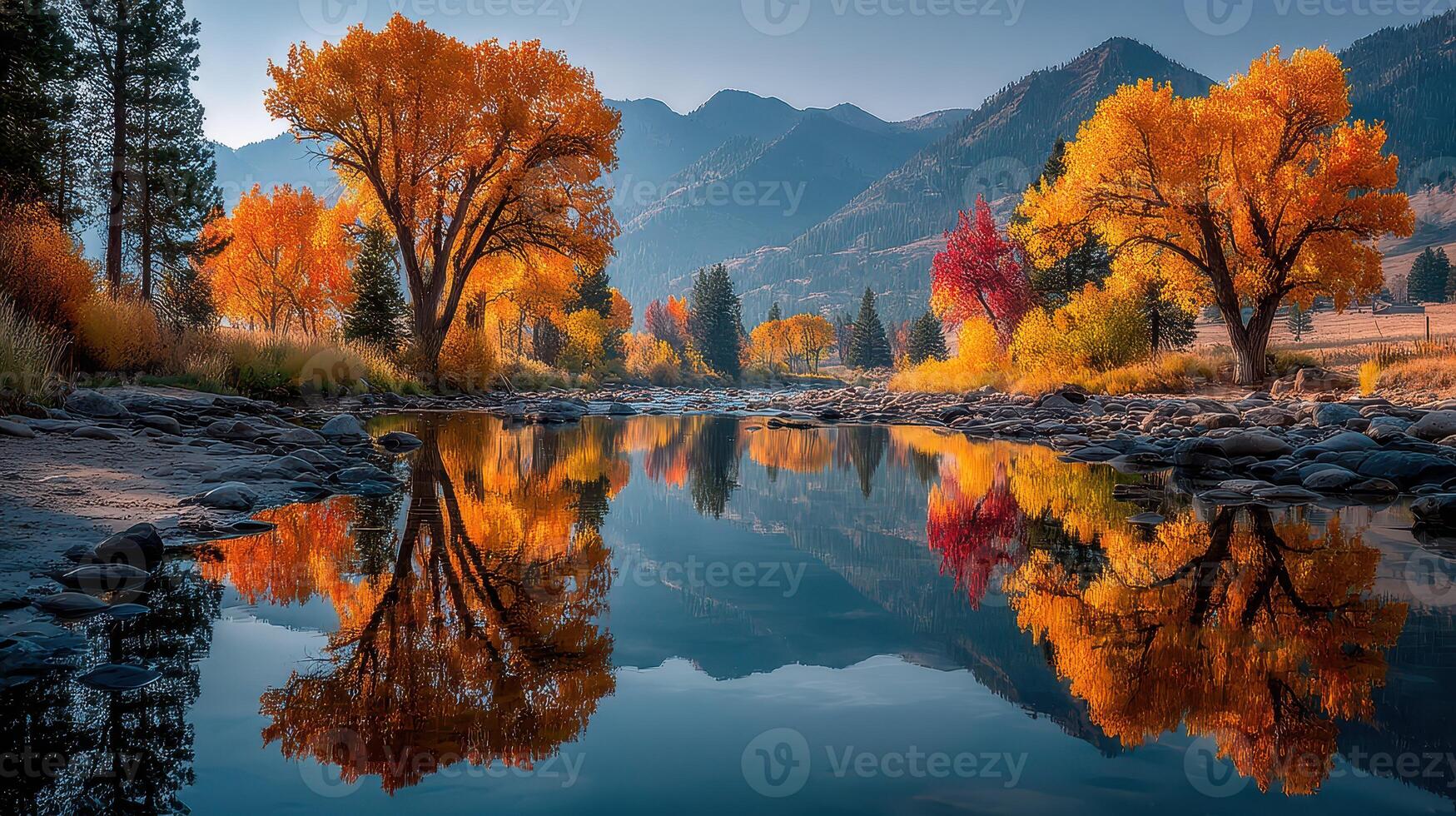 Colorful autumn trees reflect in calm river water under mountain sky during sunset photo