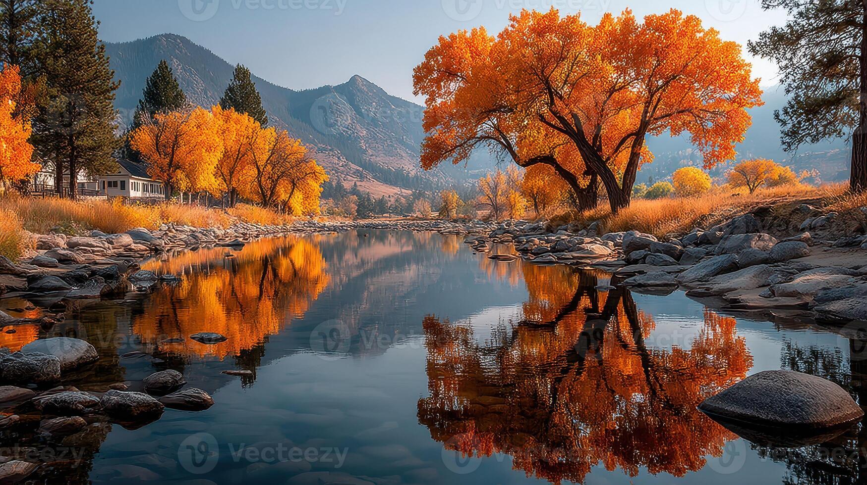 Autumn foliage reflects on tranquil river surrounded by mountains at sunset photo