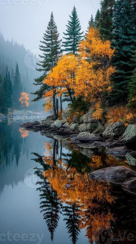 Shores lined with vibrant autumn trees reflecting in a tranquil lake at dawn in a misty mountainous region photo