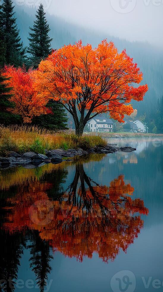 Autumn foliage reflects on serene lake with distant house and misty mountains in early morning light photo