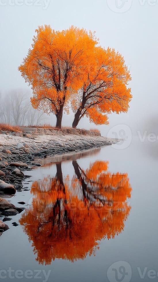 Autumn trees reflect in calm waters during foggy morning near riverbank photo