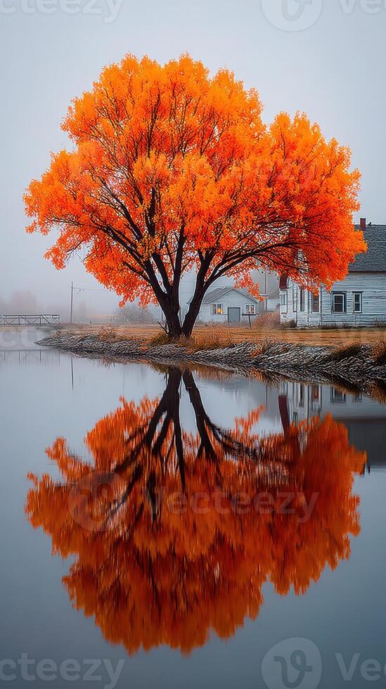 Vibrant autumn tree reflects in calm water during early morning fog near a rustic house photo