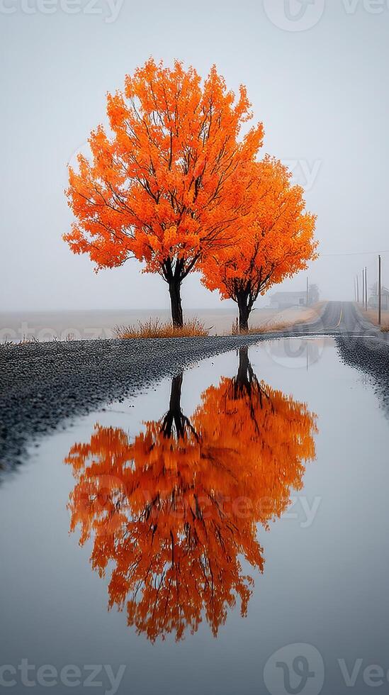 Vibrant orange trees reflecting in a puddle along a quiet road on a foggy morning in autumn photo