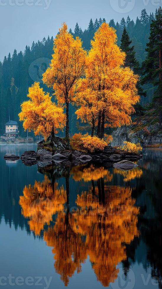 Vibrant autumn trees reflect in calm lake water surrounded by a serene forest landscape photo