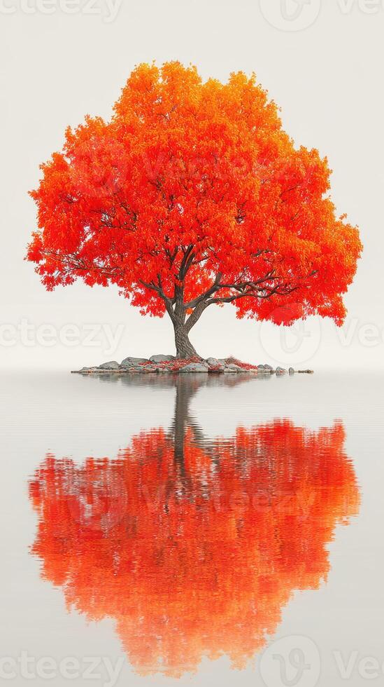 Bright orange tree stands alone on a small island surrounded by calm water during a serene day photo