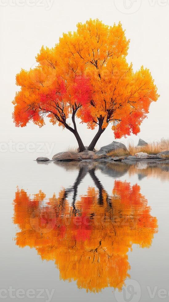Vibrant autumn tree reflecting in calm water at sunrise near a serene lake photo