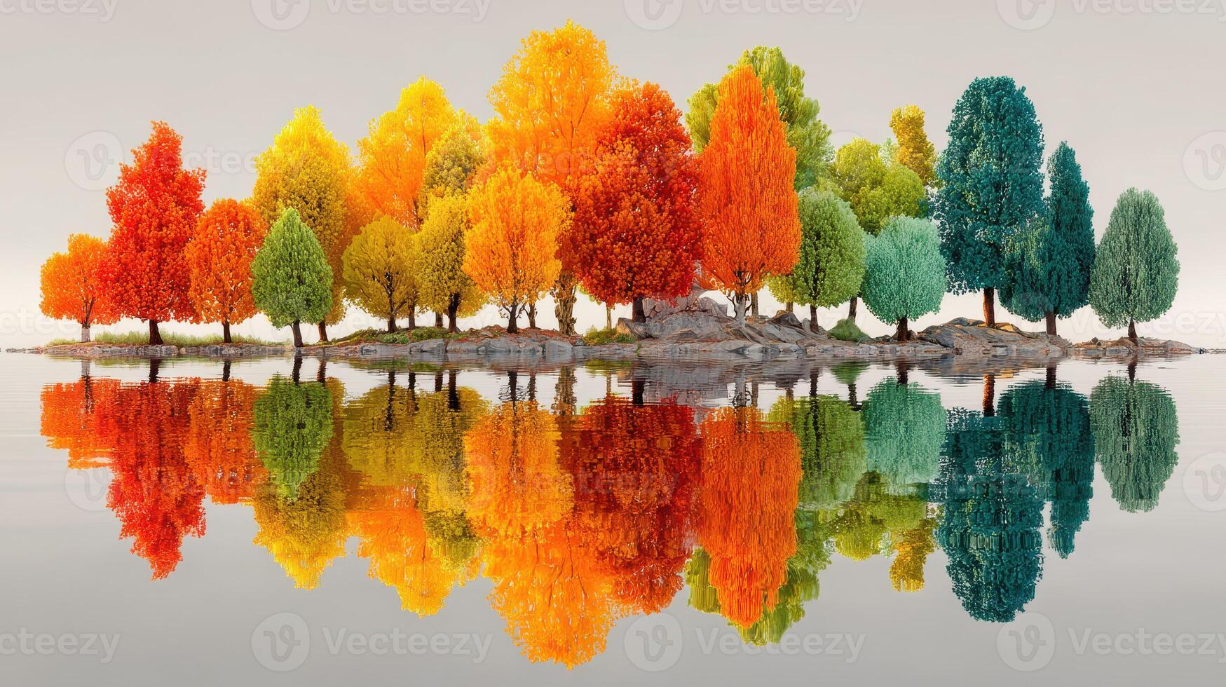Vibrant autumn trees reflecting on calm water surface at a serene lake photo