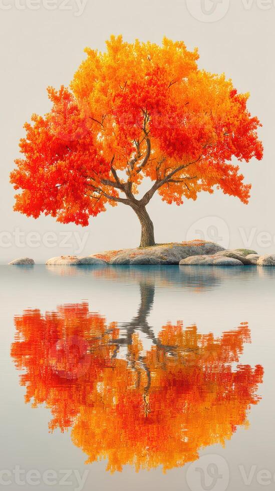 Vibrant autumn tree reflects in calm water at sunrise near a serene lakeshore photo