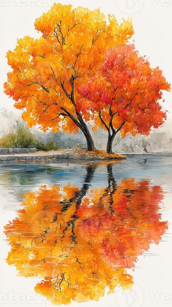 Vibrant autumn trees reflecting in a tranquil lake during a sunny day in a serene natural setting photo