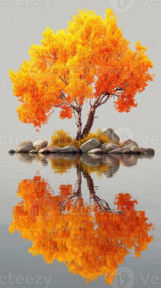 Vibrant orange tree stands alone on a calm lake reflecting its beauty during autumn photo
