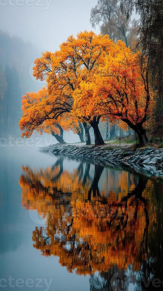 Stunning autumn trees reflecting in calm river at dawn in serene natural landscape photo