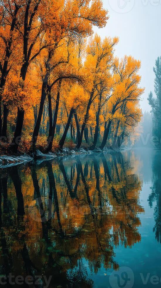Autumn trees reflecting in a calm river during a misty morning near a tranquil landscape photo