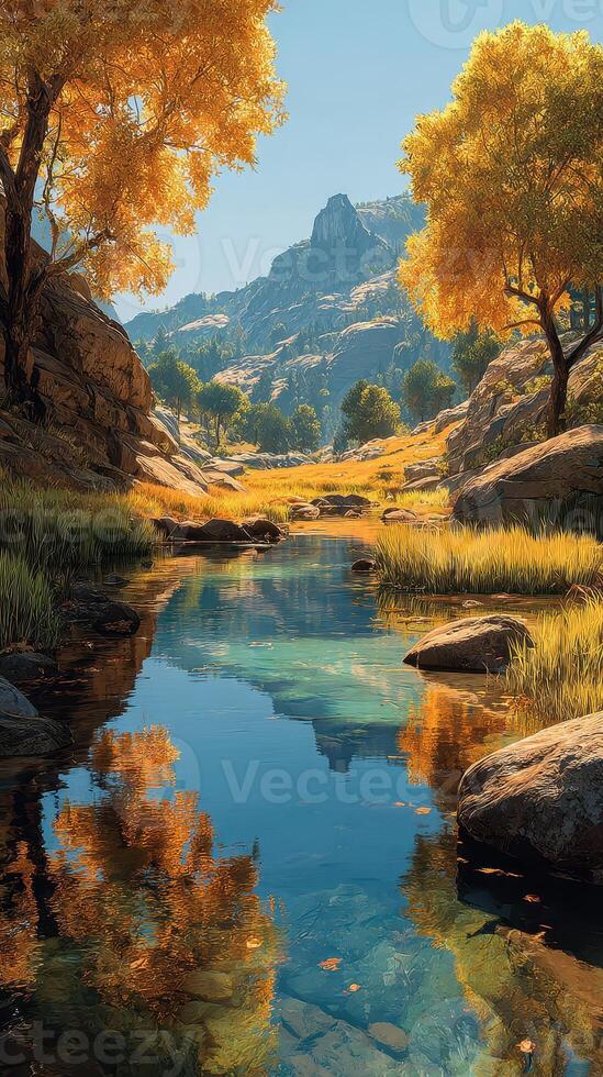 Lush autumn landscape with tranquil river reflecting golden trees and distant mountains under clear blue sky photo