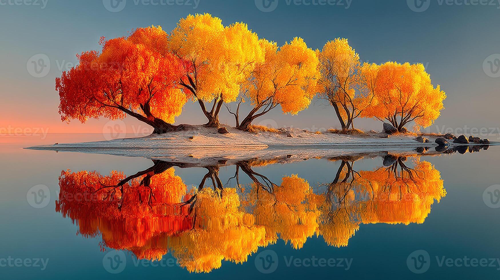 Colorful trees reflect in calm water at sunrise over a serene landscape in autumn photo