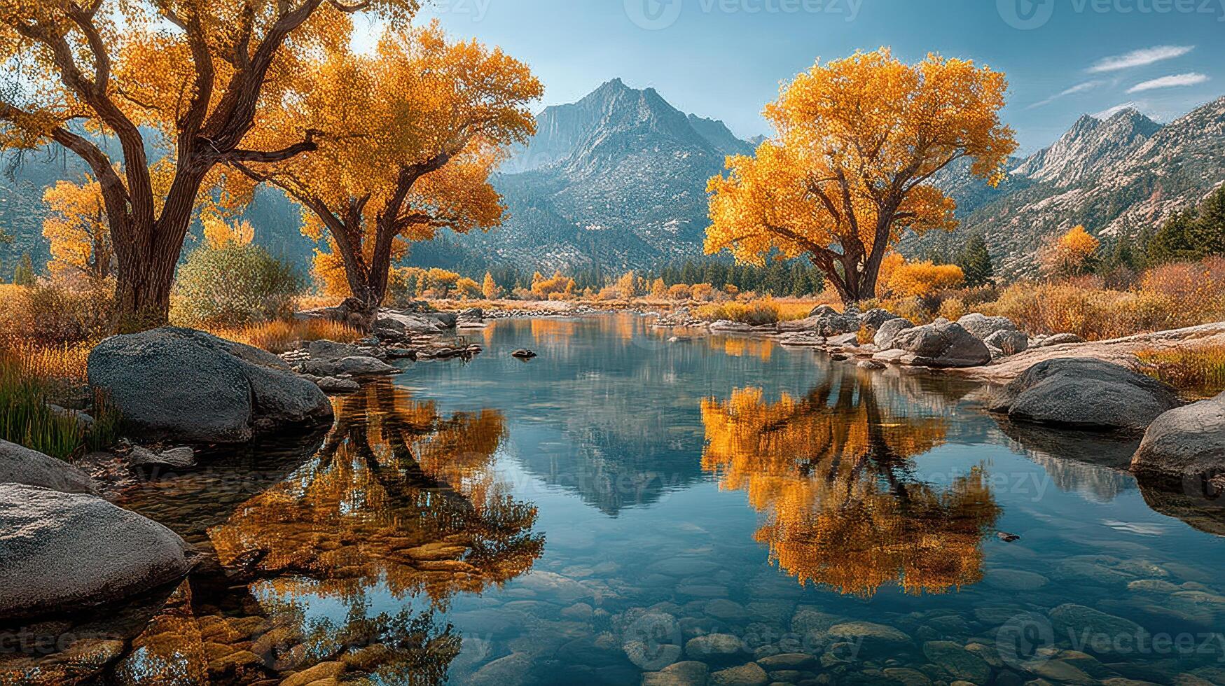 Autumn reflection of golden trees in a serene mountain river landscape during early morning light photo