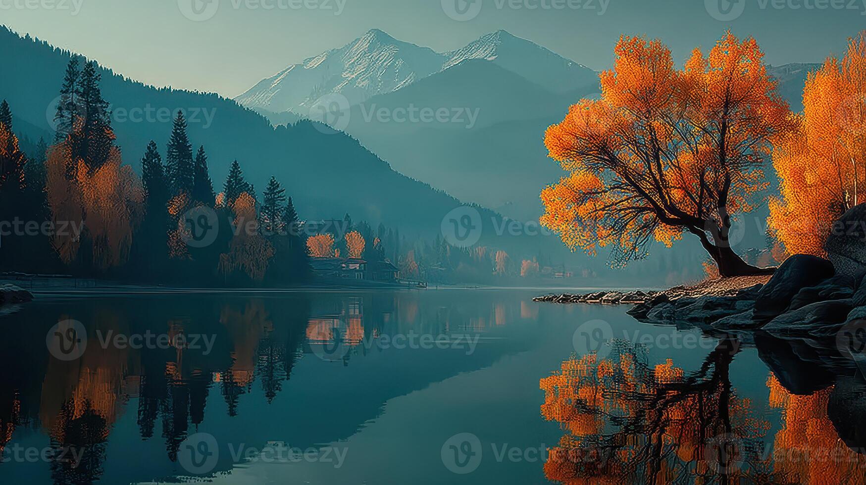Vibrant autumn landscape by tranquil lake with mountain backdrop in the early morning light photo