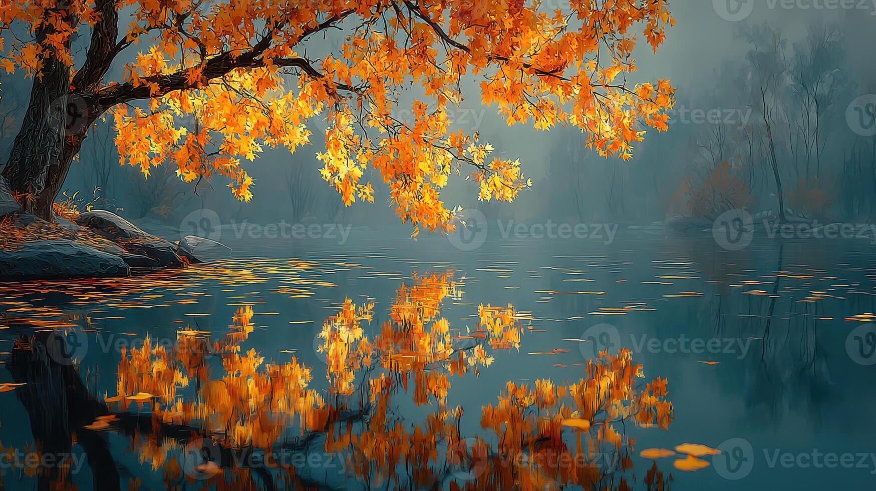 Autumn leaves reflect on tranquil water near a foggy forest in the early morning light photo