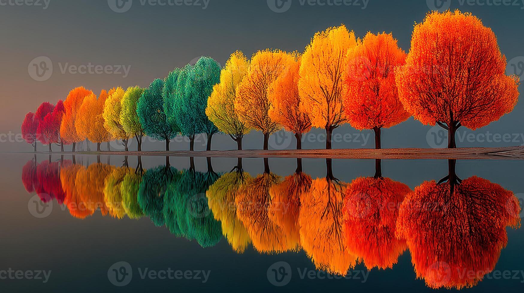 Vibrant autumn trees reflect in calm water during sunset at a serene lakeside location photo