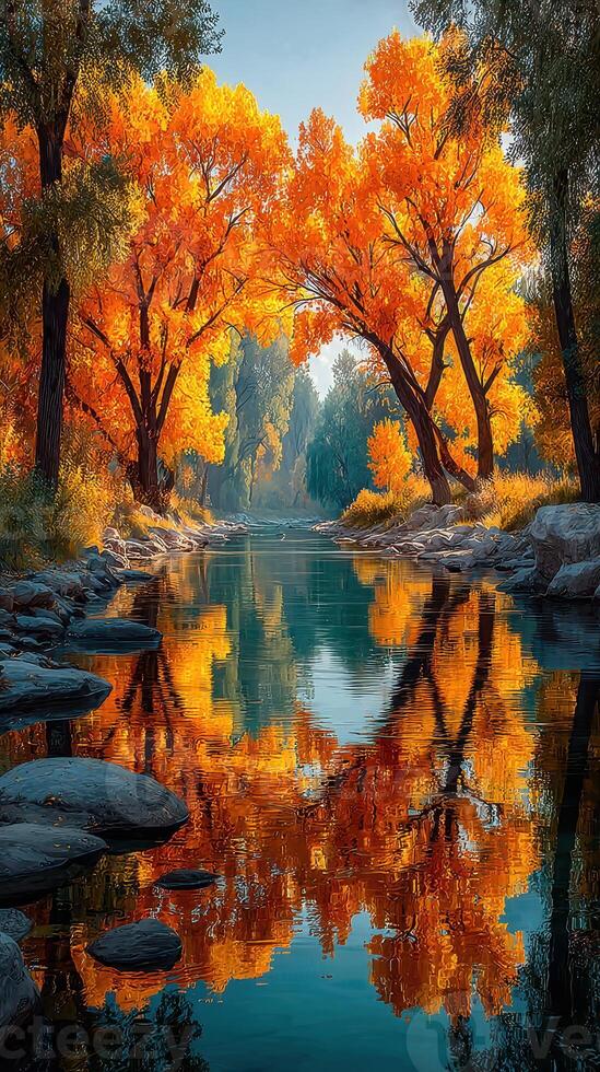Vibrant autumn colors reflecting in a serene river surrounded by golden trees photo