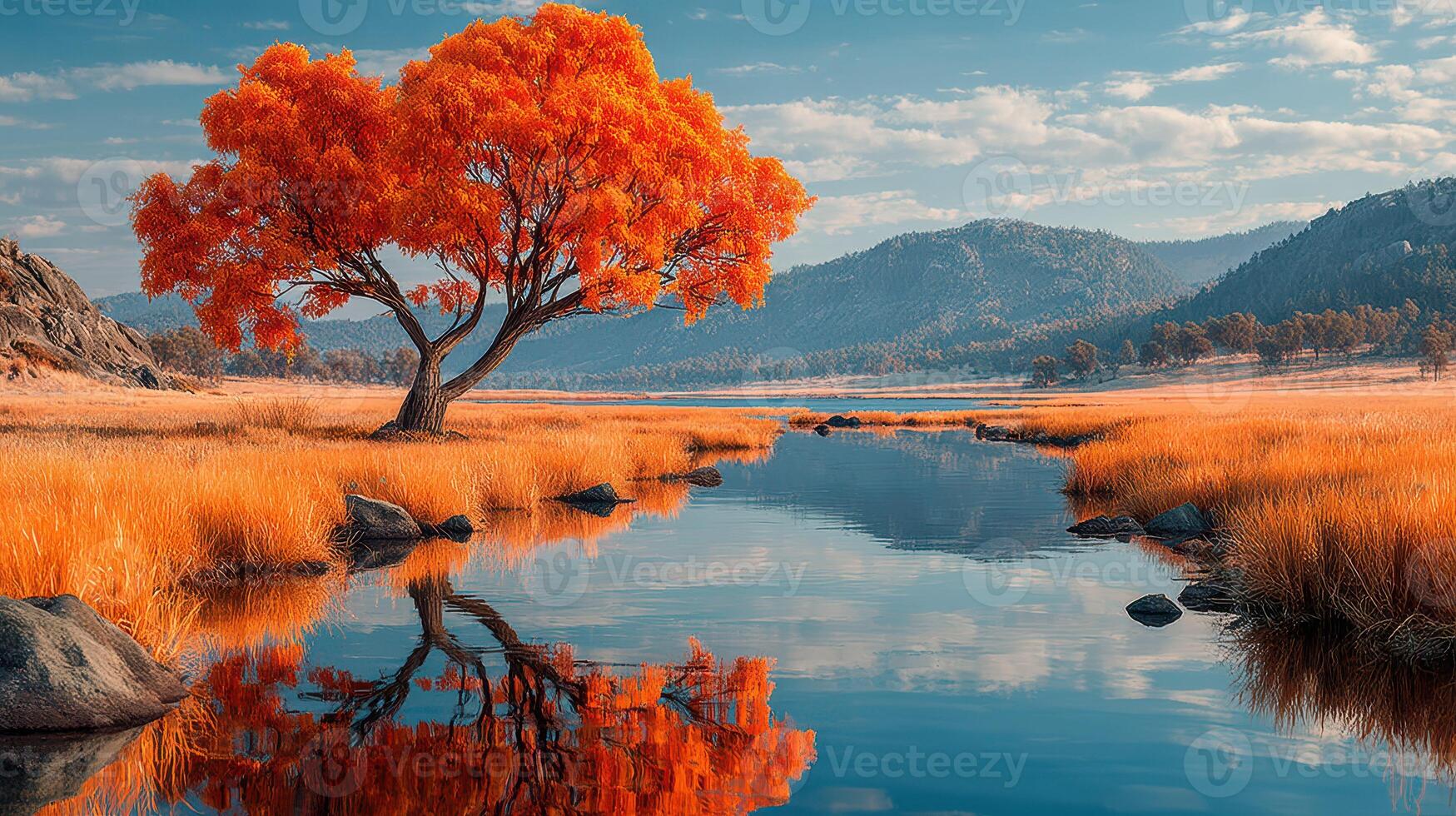 Bright orange tree stands by calm river reflecting mountains and colorful sky during golden hour in autumn landscape photo