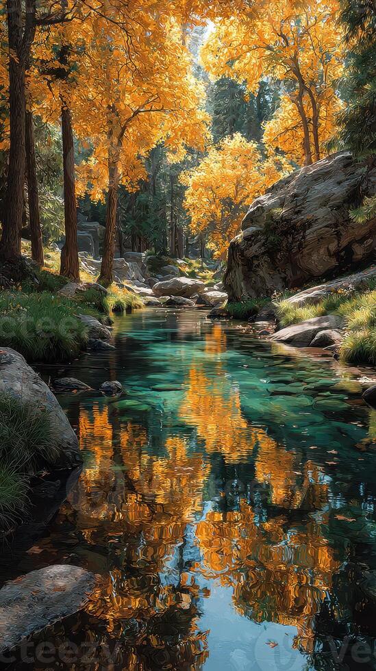 Beautiful autumn landscape with colorful foliage reflecting in a tranquil stream photo