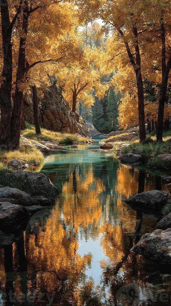 Autumn colors reflecting on tranquil river surrounded by trees at golden hour photo