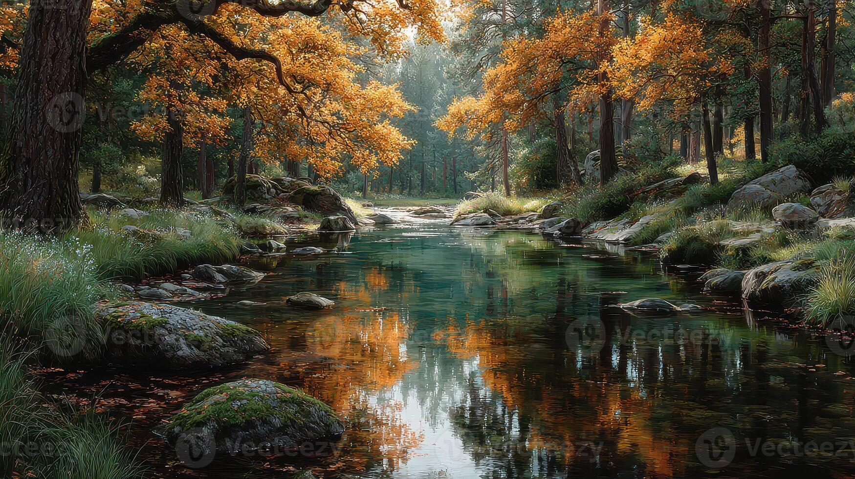 Tranquil river flowing through a forest with autumn foliage reflecting in calm waters photo
