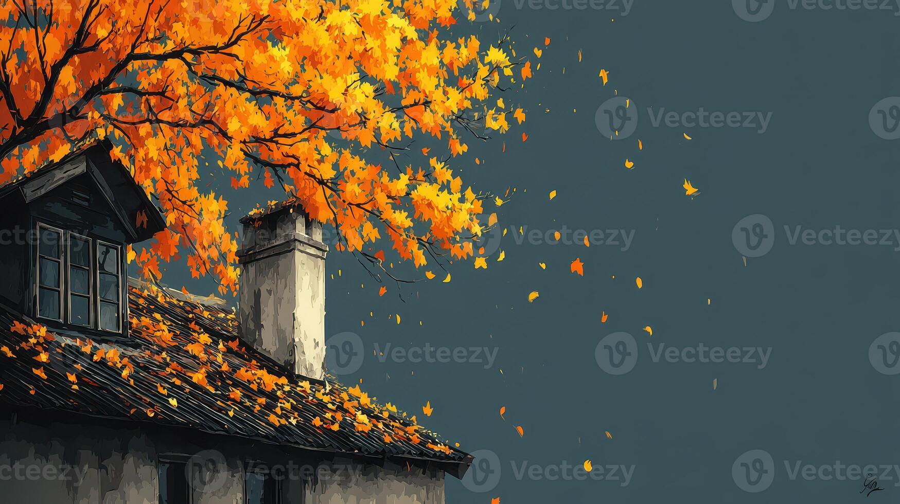 House with autumn foliage, fallen leaves on the roof and leaves blowing in the wind, creating an autumnal atmosphere photo