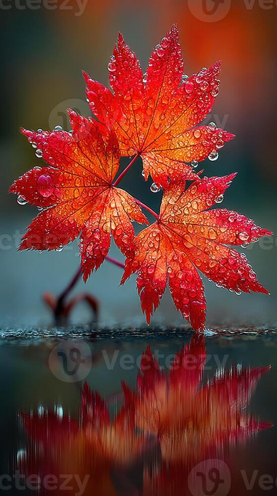 Vibrant red maple leaves glisten with droplets on a rainy autumn day, beautifully reflected in a calm puddle photo