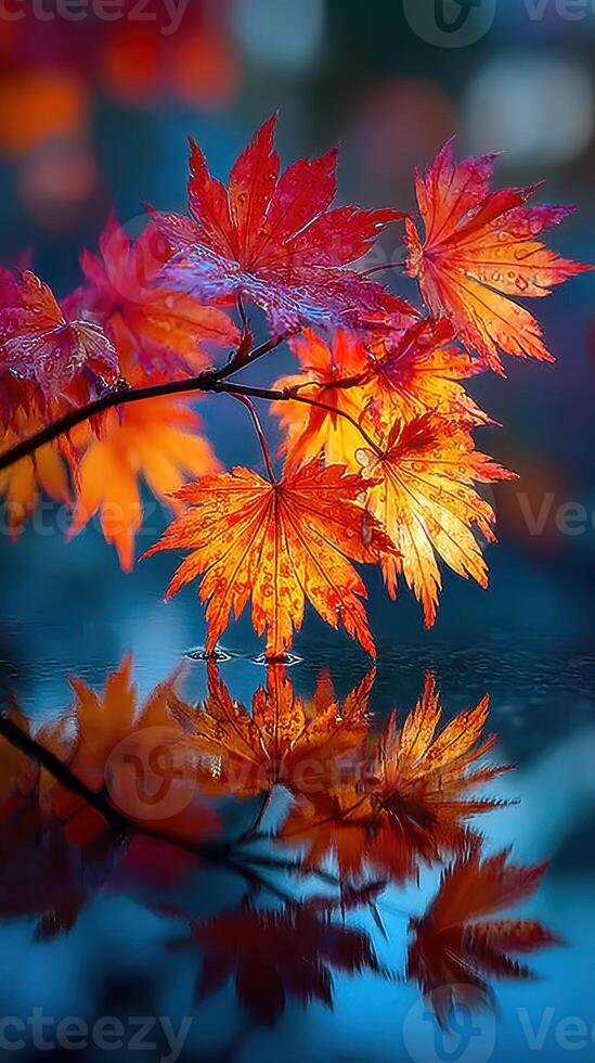Vibrant autumn leaves reflecting on water during a serene fall afternoon photo