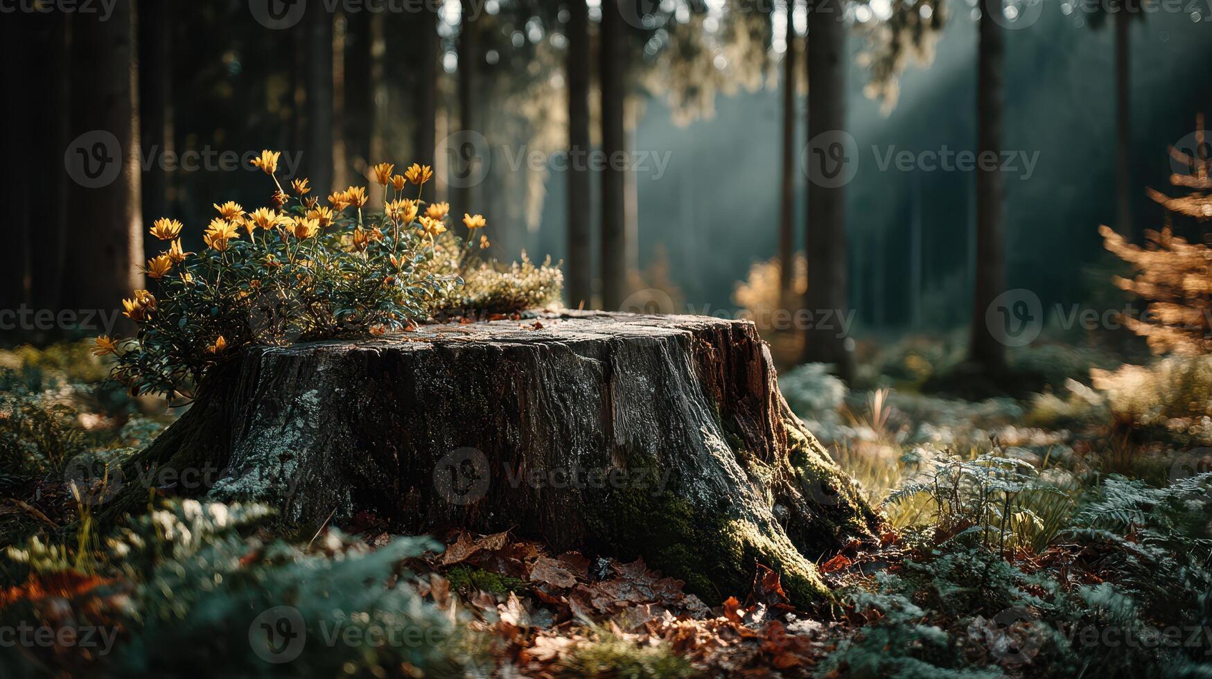 Sunlit forest clearing reveals wildflowers blooming on tree stump in early morning light photo