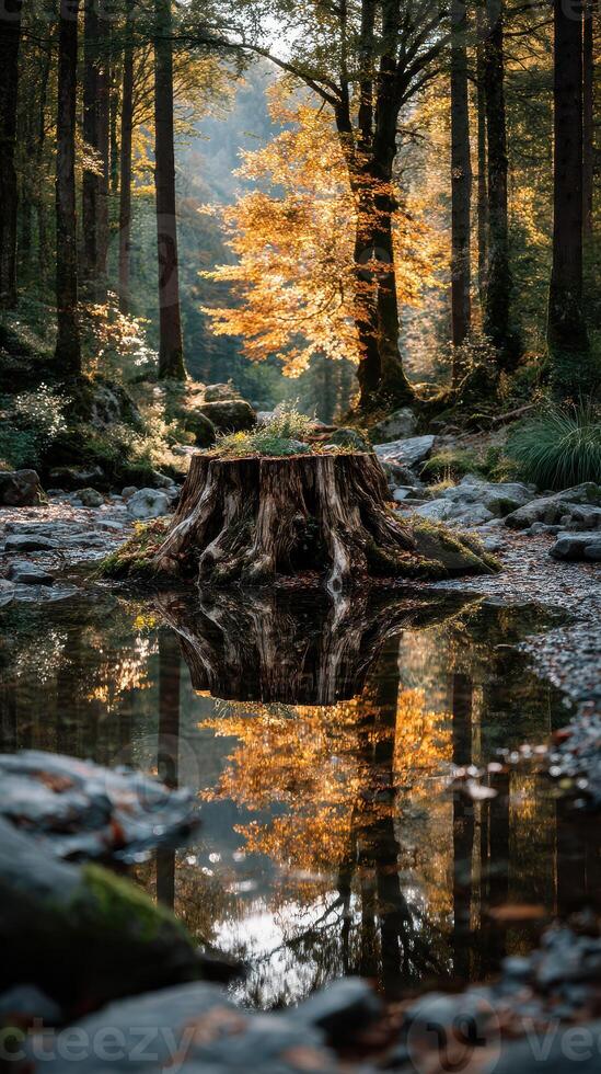 Colorful autumn landscape with tree stump reflected in tranquil water at sunset in a serene forest setting photo