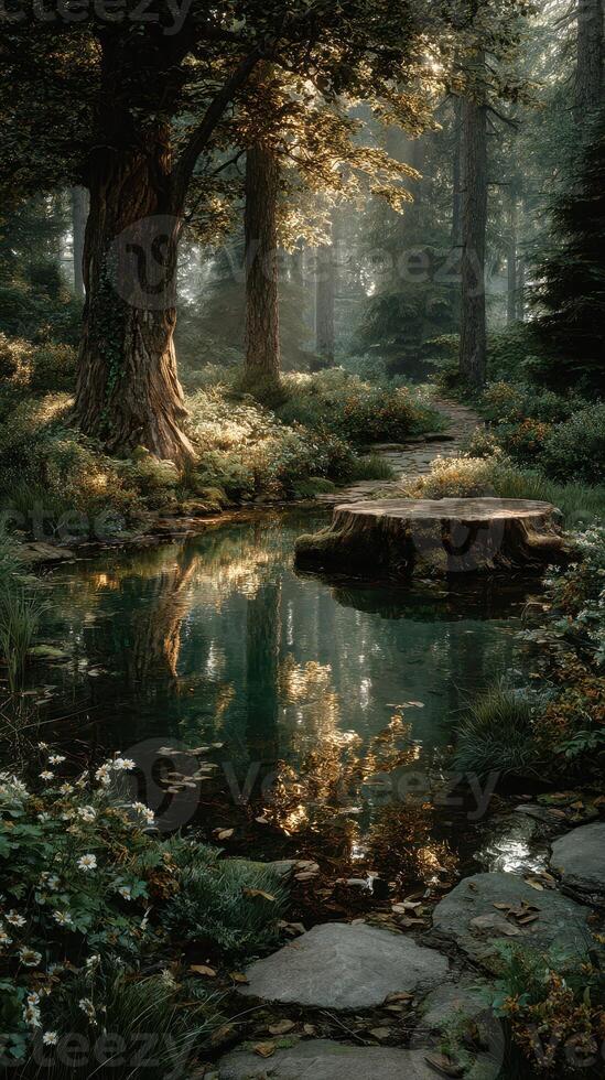 Tranquil forest landscape with a pond reflecting trees at golden hour photo
