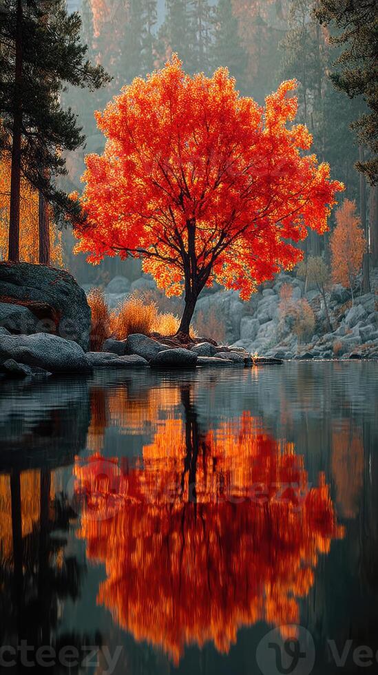 Vibrant autumn tree reflects on calm water amidst serene landscape in golden hour photo