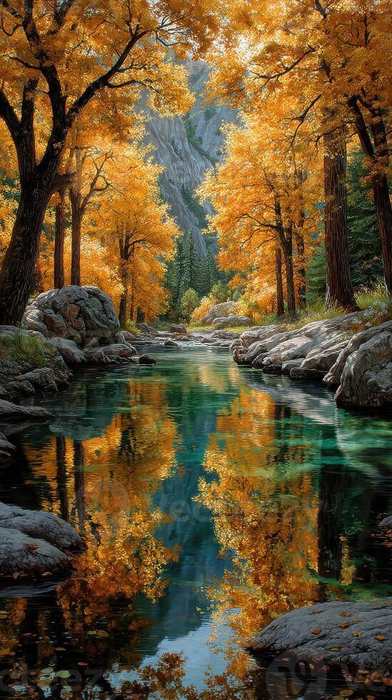 Autumn colors reflecting on a tranquil river surrounded by vibrant trees in a serene landscape photo