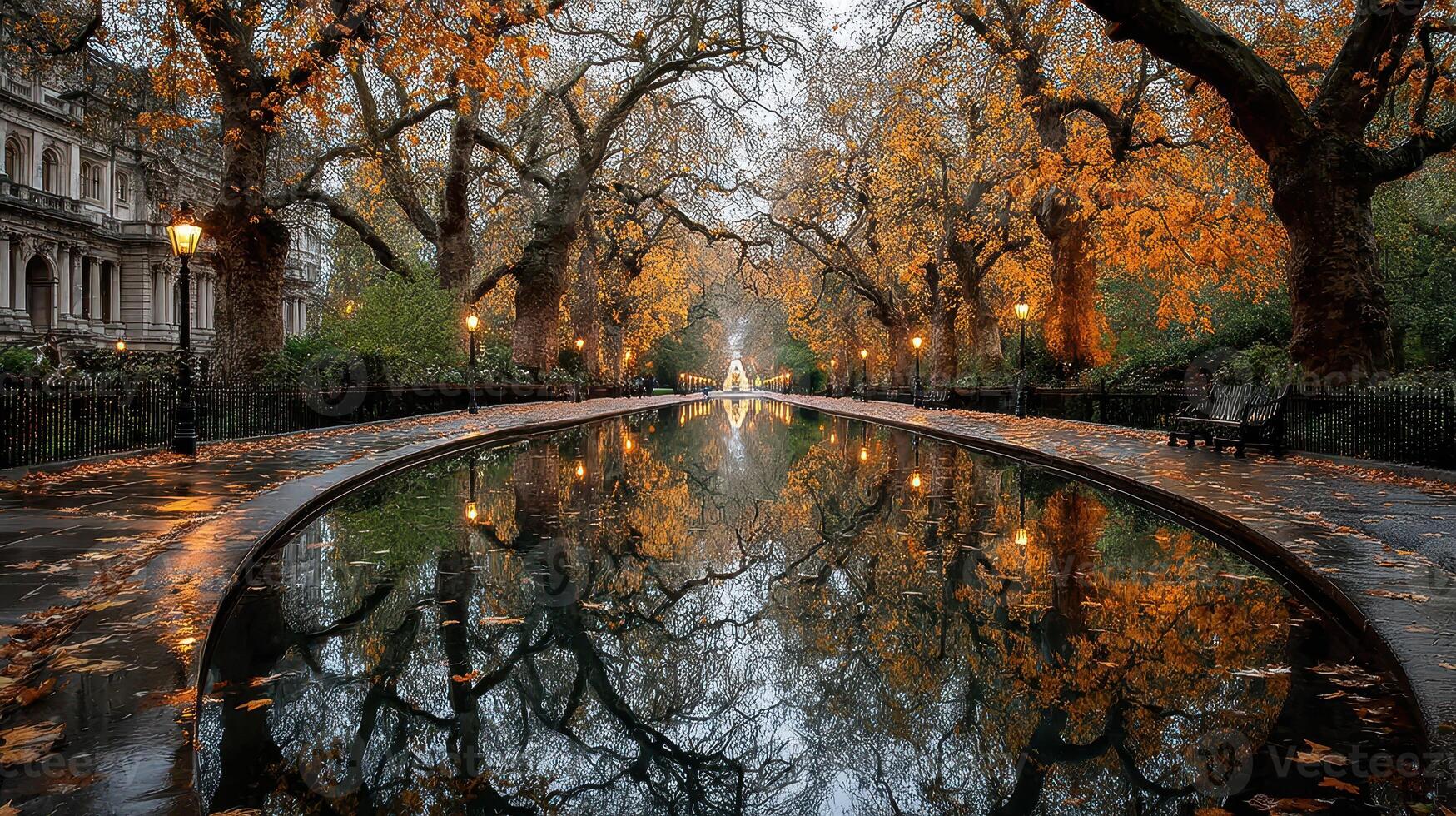 Autumn reflections along a peaceful park pathway with trees and a tranquil pond at dusk photo