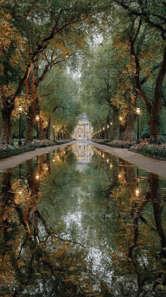 Serene park landscape with beautiful reflections and lush trees during early evening hours photo