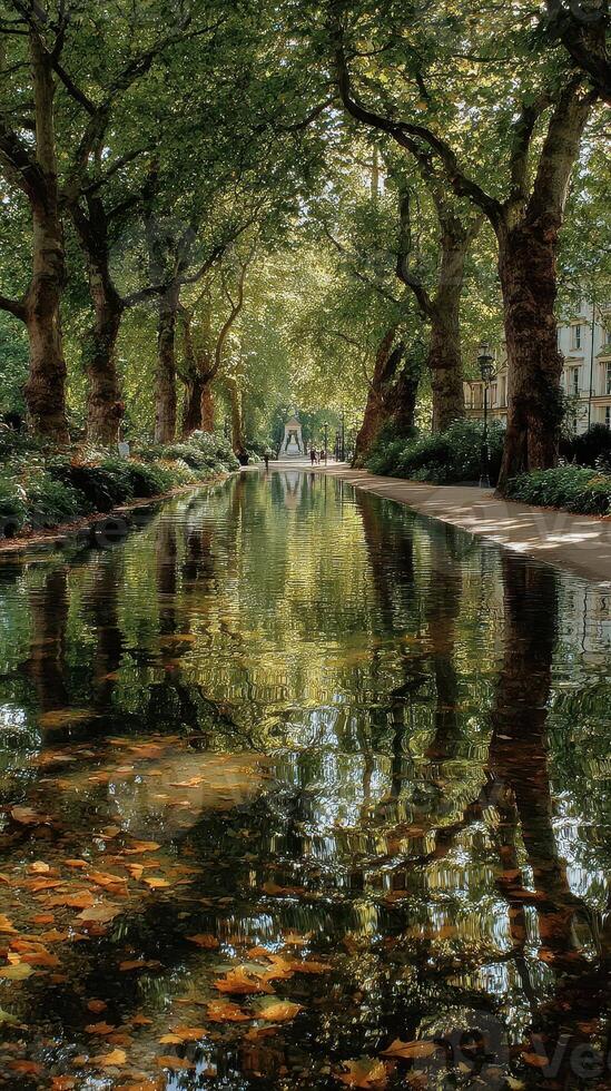 Peaceful tree-lined pathway reflects autumn colors near a tranquil waterway in a city park during afternoon sunlight photo