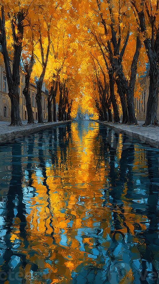 Majestic autumn landscape with vibrant orange trees reflecting on tranquil waterway in a peaceful setting photo