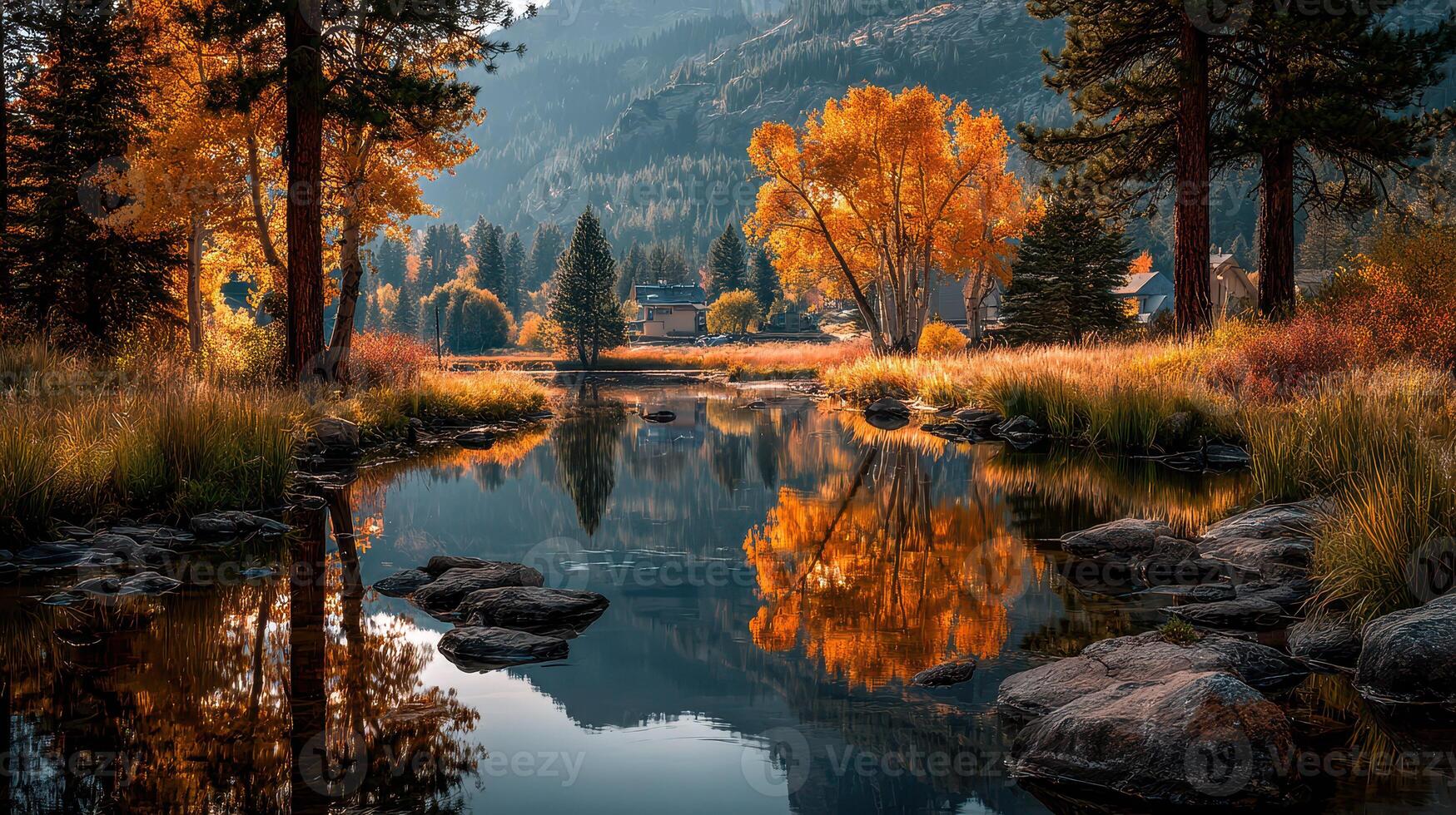 Stunning autumn landscape with vibrant trees reflecting in a calm lake at sunset near a mountain photo