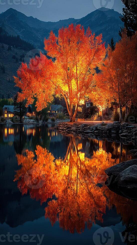 Golden autumn trees reflect on calm lake waters under twilight sky in serene mountain landscape photo