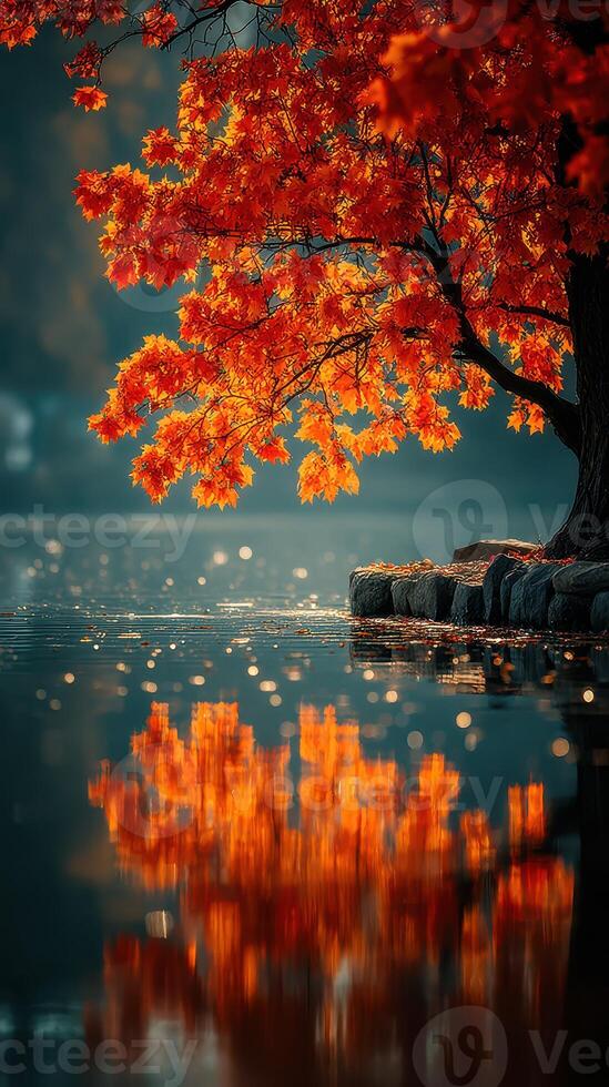 Vibrant autumn leaves reflected in calm lake waters during early morning light photo