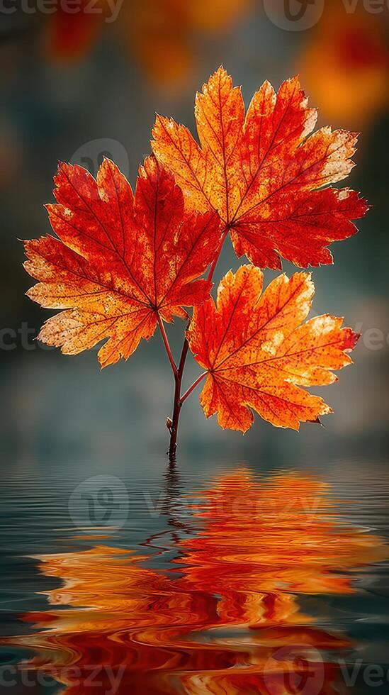 Vibrant autumn leaves reflecting in calm water create a serene natural scene during sunset photo