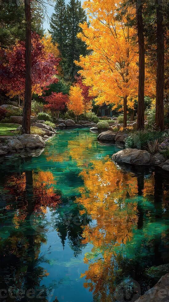 Colorful autumn foliage reflects on a tranquil pond in a serene landscape during a sunny afternoon photo