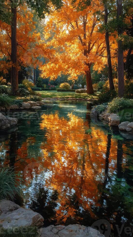 Autumn leaves reflect on a tranquil pond surrounded by trees in a serene park setting during golden hour photo
