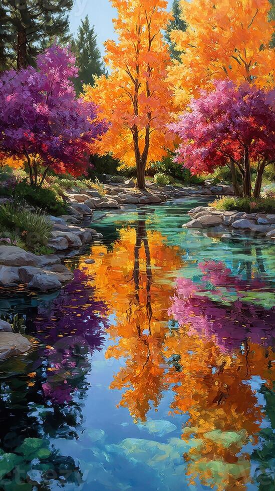 Vibrant autumn landscape with reflective water and colorful trees in a serene natural setting photo
