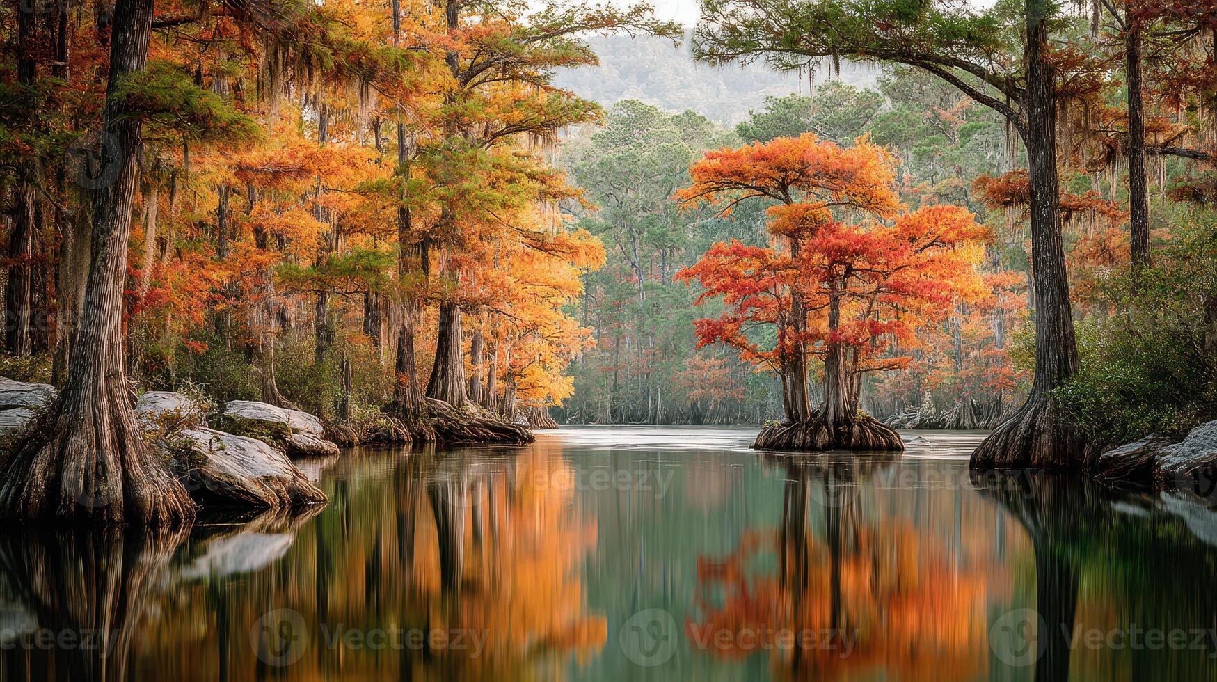 Autumn foliage reflects in quiet waters of a serene bayou surrounded by cypress trees at dawn photo