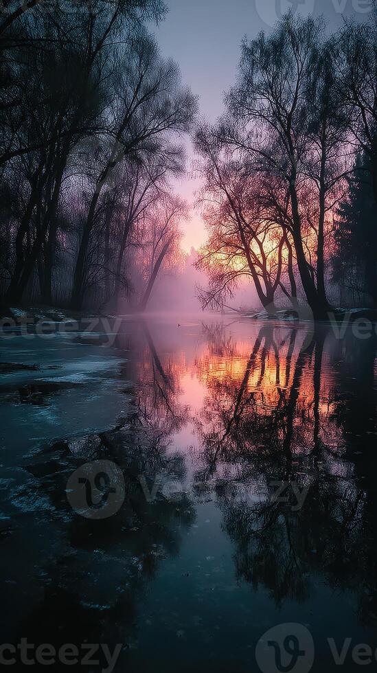 Misty sunrise over a tranquil river reflecting trees and vibrant colors in the early morning light photo