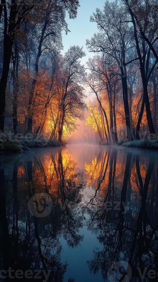 Autumn foliage reflects in tranquil river at dawn with mist rising through the trees photo